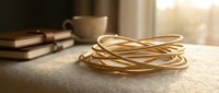 Golden twisted wire coils on wooden surface with warm sunlight creating elegant shadows for crafting and electrical projects.