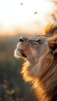 Majestic male lion profile at sunset with glowing mane, eyes closed in peaceful moment as floating seeds drift by in golden light. Perfect for nature and wildlife projects.