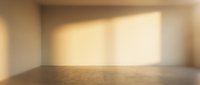 Empty room with wooden floor and warm sunlight streaming through large windows, suitable for interior design, real estate, and architectural visualization projects.