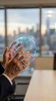 Businessman hand holding holographic digital globe with network connections in modern office with city skyline view representing global business technology.