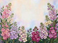 Watercolor floral border with pink, purple, and white blooming flowers on soft pastel background, copy space for text or greeting card design.