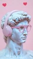 Classical marble bust wearing modern pink headphones and glasses against pink background with floating hearts, representing blend of ancient art and contemporary culture.