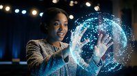 Young woman of African descent wearing a beige sweater, touching a glowing digital globe with particle effects, representing global technology, data connectivity, and innovation in a modern setting.