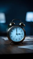 Vintage brass alarm clock showing 3 o'clock on wooden desk in moody blue evening light for time management and productivity concepts.