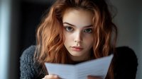 Young woman with red hair reading document in moody lighting, wearing gray sweater. Atmospheric portrait captures contemplative moment and natural expression.
