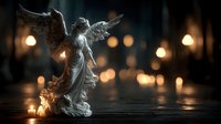 Marble angel statue with outstretched wings stands gracefully against warm bokeh lights background creating peaceful spiritual atmosphere for meditation decor.