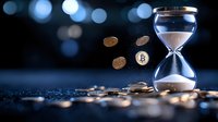 Hourglass with falling sand and floating cryptocurrency coins against dark background with bokeh lights, symbolizing time value and digital finance investment.