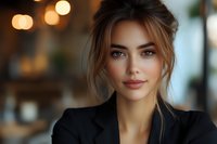 Young businesswoman with upswept brown hair wearing black blazer, natural makeup and confident smile against soft bokeh background in professional setting.