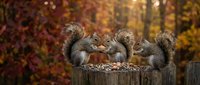 Three gray squirrels sharing nuts on wooden fence post during golden autumn season with colorful fall foliage background for wildlife and nature themes.