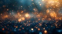 Abstract golden and blue bokeh lights background with glowing particles and defocused circles creating magical atmosphere for festive designs.