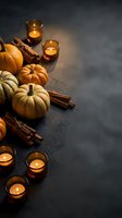 Autumn pumpkins with cinnamon sticks and glowing candles on dark textured surface creating warm seasonal atmosphere for fall decorating and holiday celebrations.
