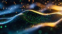 Glowing digital wave with particles and bokeh effects on dark background, featuring blue and gold light streams and green data points flowing in motion.