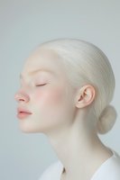 Young albino woman with platinum blonde hair in bun, eyes closed, serene expression, profile view against neutral background for beauty and wellness concepts.