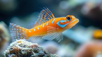 Orange and blue tropical fish with distinctive fins swimming near coral reef in aquarium setting, macro photography showing detailed scales and markings against blurred background.