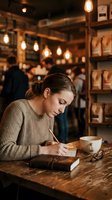 Woman writing in journal at wooden table with coffee cup in warm-lit cafe interior with hanging Edison bulbs and shelving, suitable for lifestyle and creative content.