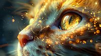 Mystical close-up of cat's golden eye with magical sparks and glowing particles, perfect for fantasy book covers, gaming art, and spiritual designs. Digital art illustration.