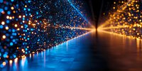 Abstract glowing particles in blue and orange colors creating symmetrical tunnel effect with light reflection on dark surface, futuristic digital background.
