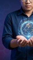 Asian businessman in glasses holding holographic Earth globe with digital network connections representing global technology and communication solutions.