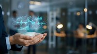 Businessman hand presenting holographic global network connection with digital data points floating above palm in modern office environment.