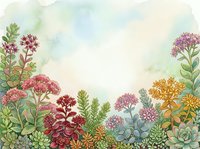 Watercolor succulent garden border with colorful plants and flowers on soft pastel background for botanical design projects and nature artwork.