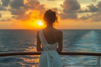 Young woman in white dress standing on cruise ship deck watching golden sunset over ocean horizon, silhouette against dramatic orange sky and calm waters.