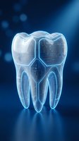 Futuristic digital tooth with circuit board patterns and glowing blue light effects for modern dental technology and healthcare innovation concepts.