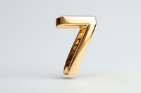 Golden metallic number seven on light background, glossy digit with reflective surface floating in minimalist setting. Isolated design element for counting and typography.
