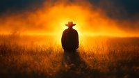 Silhouette of cowboy standing in tall grass field against dramatic orange sunset sky and glowing sun, creating mysterious western atmosphere. Moody rural scene.