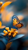 Orange and blue butterfly perched on yellow flower buds with soft bokeh background for nature photography and spring garden designs.