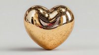 Golden metallic heart shape with reflective surface and textured details on neutral background for romantic designs and luxury branding concepts.