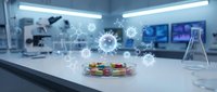 Modern laboratory workspace with colorful molecular models and digital virus particles overlaid on research bench, suitable for scientific, medical, and biotechnology publications.