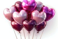 Festive bunch of heart-shaped foil balloons in shades of pink, magenta and burgundy against white background, perfect for romantic celebrations and Valentine's Day designs.