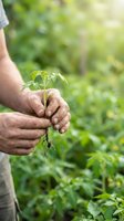 Male farmer with weathered hands holding young green seedling with roots visible against blurred garden background. Suitable for agriculture, gardening, sustainability, and environmental conservation projects.
