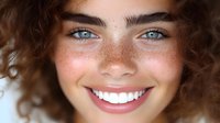Close up portrait of young woman with curly brown hair, bright blue eyes, freckles and radiant smile showing white teeth against light background.