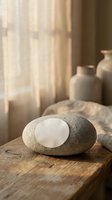 Zen spa stones on rustic wooden surface with soft natural lighting and ceramic vases creating peaceful wellness atmosphere for meditation and relaxation.