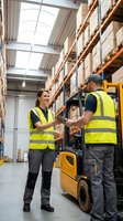 Warehouse workers in safety vests shaking hands near forklift in modern distribution center. Professional teamwork and logistics cooperation concept.