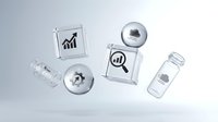 Business growth analytics symbols in transparent glass cubes and spheres on white background for modern corporate design and marketing materials.