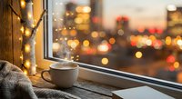 Cozy winter evening scene with steaming coffee cup on windowsill, warm fairy lights, soft blanket, and blurred city lights creating peaceful atmosphere.