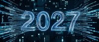 2027 digital numbers with glowing blue light trails and data streams flowing through futuristic cityscape, representing future technology and innovation for business concepts.