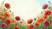Watercolor poppy flowers and wildflowers frame with empty center space for text, botanical floral border design for greeting cards and invitations.