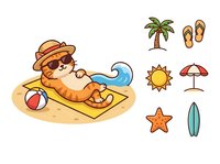 Cartoon cat relaxing on beach towel wearing hat and sunglasses with summer vacation icons including palm tree, surfboard, starfish, and beach umbrella isolated on white background for design use.