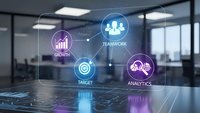 Modern office conference room with holographic business icons displaying growth, teamwork, target and analytics concepts for corporate strategy presentations.
