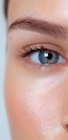 Close-up of bright blue eye with long eyelashes and defined eyebrow, showing natural beauty and clean skin texture with subtle shimmer highlight.