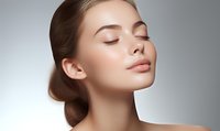 Young woman with glowing natural skin, closed eyes and serene expression against light gray background, showcasing clean beauty and skincare concept.