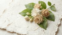 Elegant cream and beige paper flowers with green leaves arranged on handmade textured paper background for wedding invitations and craft projects.