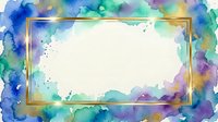 Watercolor frame with gold border and vibrant blue, green, purple splashes on isolated white background, ready for design projects and invitations.