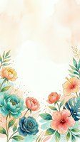Watercolor floral border with teal, coral and pink blooms on soft pastel background, gold accents, copy space for cards and invitations.