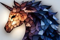 Geometric low poly horse head with flowing mane in copper brown and deep blue colors against light background, artistic modern style digital art.