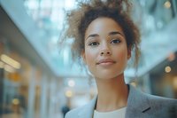 Young mixed-race businesswoman with curly hair in modern office corridor, professional corporate environment for career and workplace concepts.