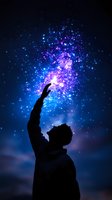 Silhouette of person reaching towards magical glowing particles in night sky with vibrant blue and purple stardust effect creating ethereal atmosphere.
